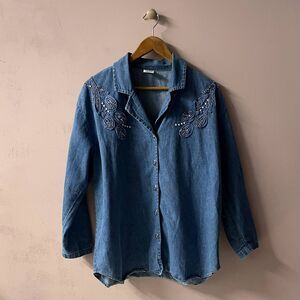 Vintage Bridge Sportswear Denim Embroidered Button-Down Shirt Size L GUC